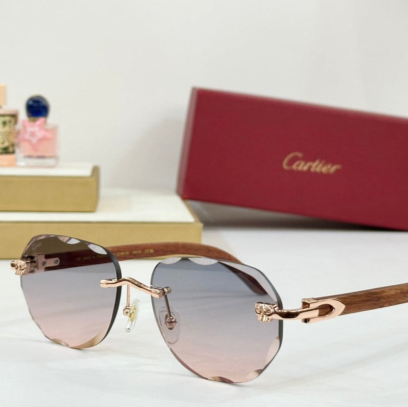 CARTIER C DE RIMLESS GEOMETRIC FRAME SUNGLASSES 547386 IN METAL AND WOODEN
