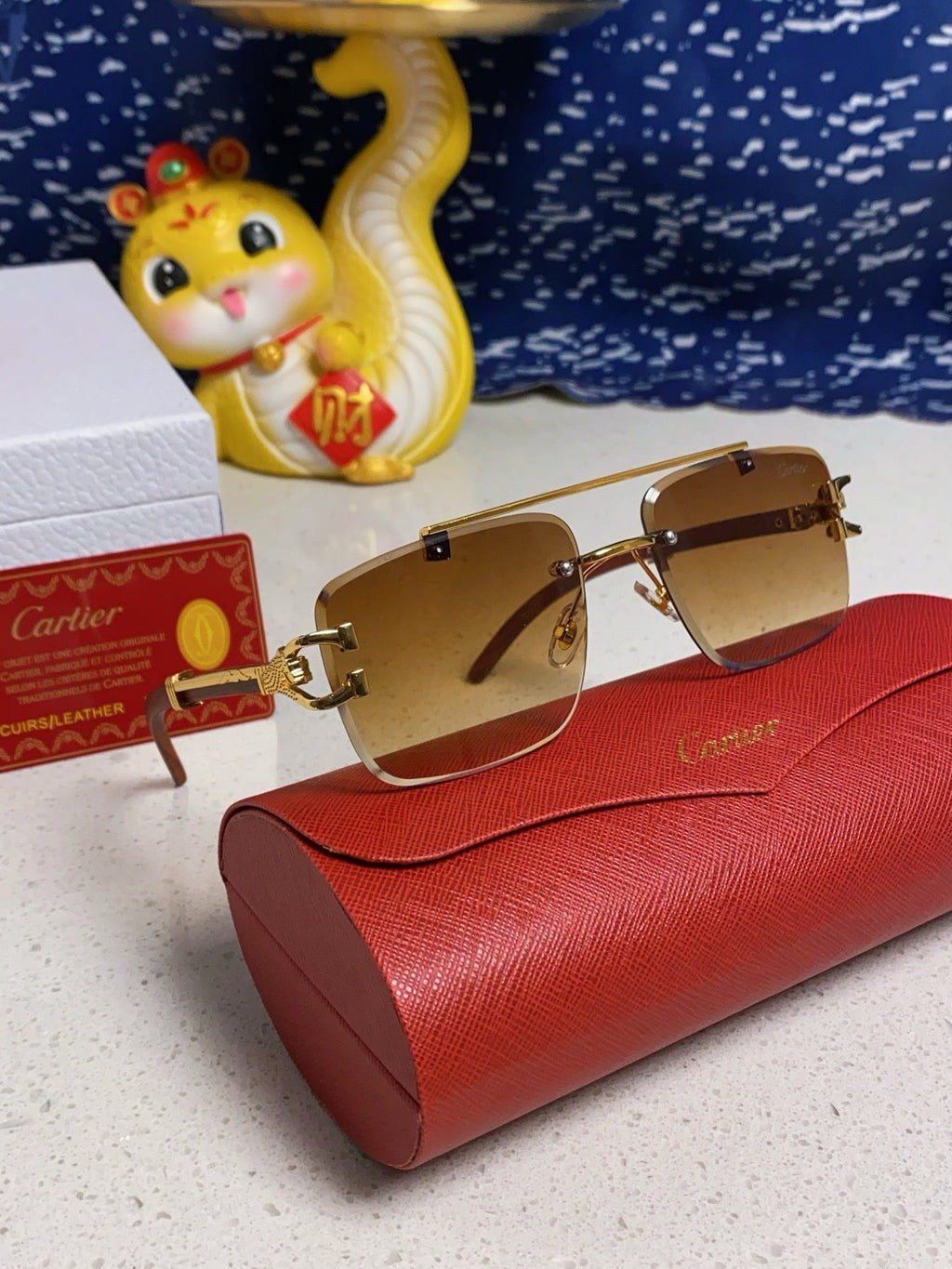 CARTIER C DE SQUARE FRAME SUNGLASSES 522656 IN METAL AND WOODEN