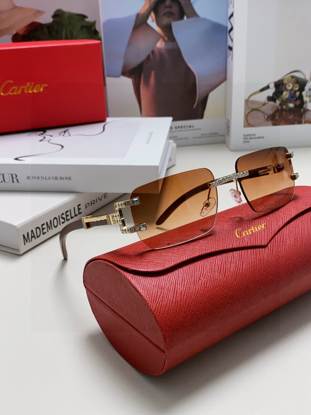CARTIER CRYSTAL STUDDED C DE RECTANGULAR FRAME SUNGLASSES 533159 IN METAL